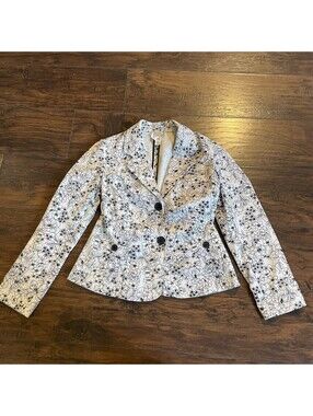 Talbots Beige Jacket Black Floral Design Button Front Pockets Stretch Size 10